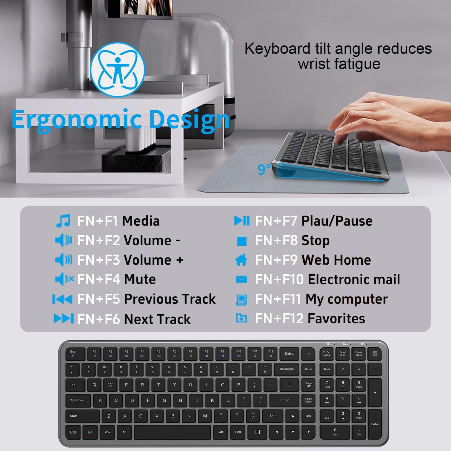 Silent Keyboard and Mouse, Wireless Compact Full-Size Computer Keyboard with Calculator Button, 2400 DPI Mouse, Quiet Clicking, Ultra-Thin Cordless USB Kit for Windows Mac Laptops - Iron Grey