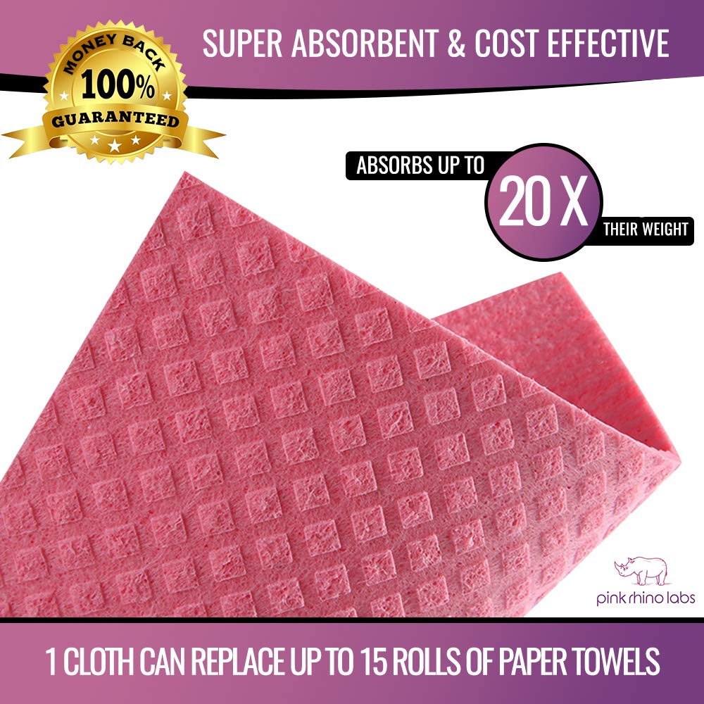 PINK RHINO LABS Swedish Dishcloths - Eco-Friendly Reusable Kitchen Towels - 10 Pack Cleaning Cloths for Dishes, Counters & Surfaces - Super Absorbent, Compostable, Zero-Waste Alternative