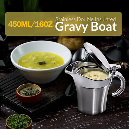 Stainless Steel Insulated Gravy Boat with Lid - 450ML/16OZ Double Insulated Gravy Pitcher for Hot & Cold Sauces - Sauce Jug with Hinged Lid, Ideal for Gravy or Cream at Thanksgiving, Gravy Pitcher