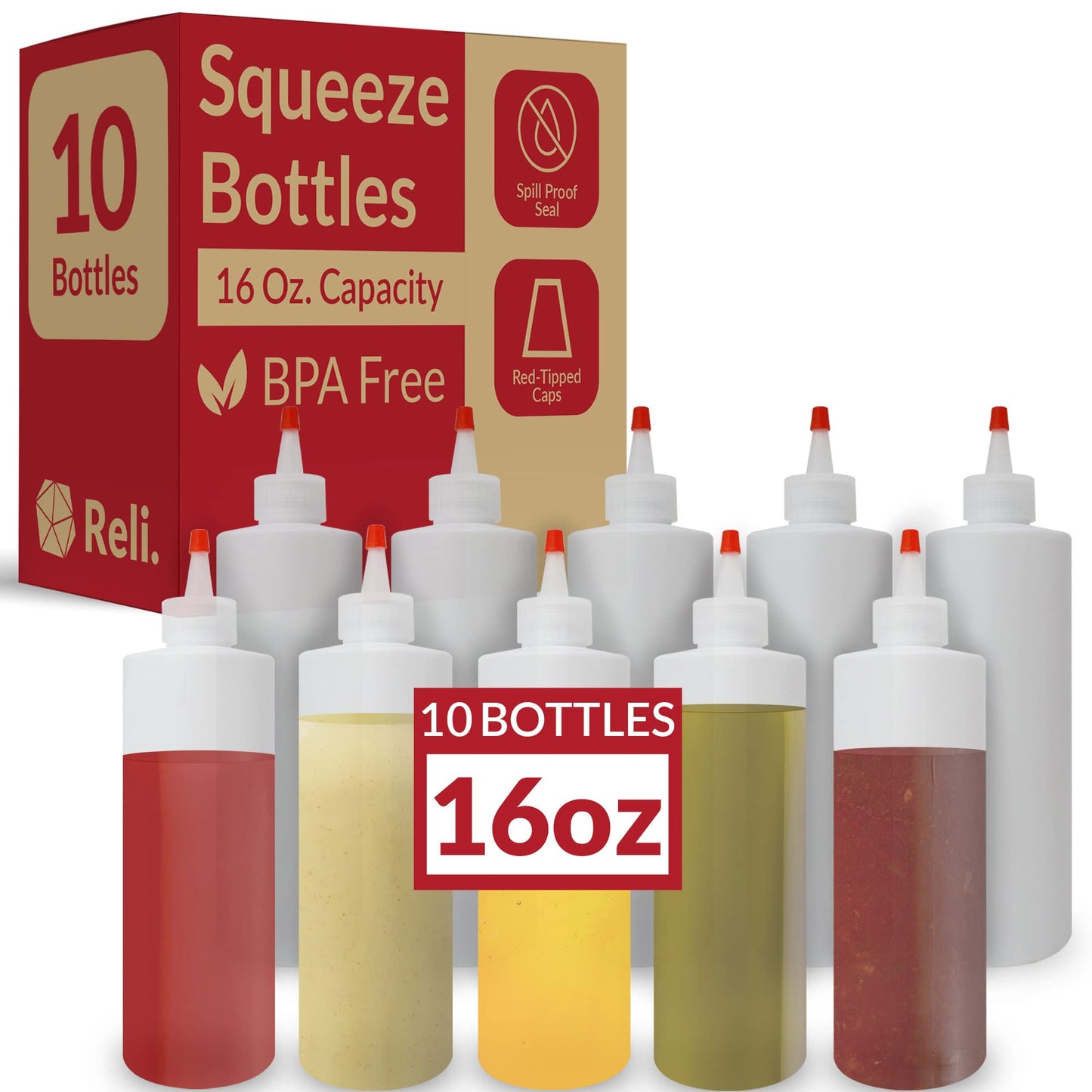 Reli. Plastic Squeeze Bottles, 16 oz. | 10 Pack | Condiment Squeeze Bottles for Sauces | Clear w/Red Tip Cap | 16 Ounce Hot Sauce, Ketchup | Condiments, Olive Oil, Glue