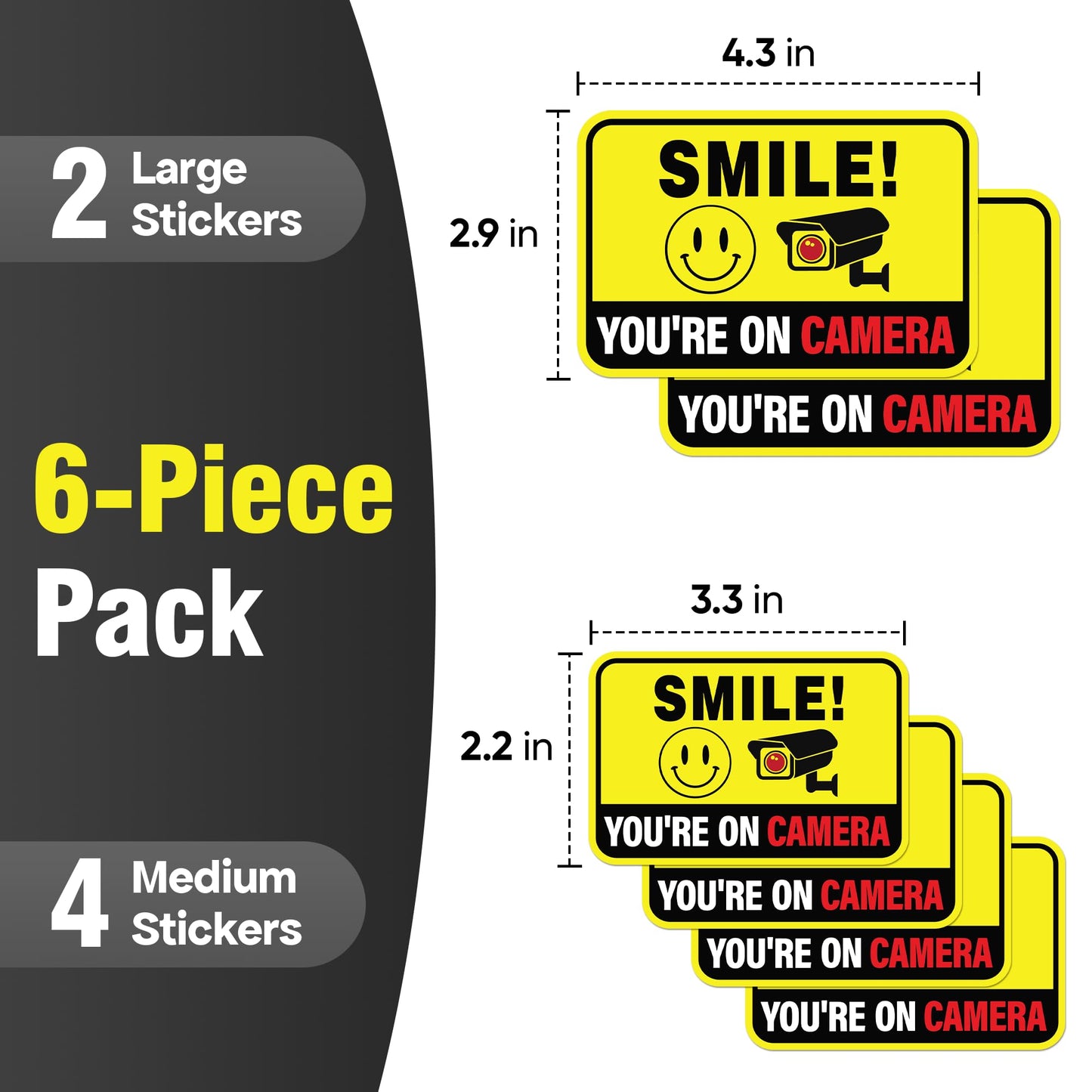 Sticky Expressions | 6 Pcs Smile You're On Camera Stickers, Two Sizes (2 Large, 4 Medium) - Strong Adhesive, Waterproof You are On Camera Signs! Anti Theft Car Stickers. Perfect for Security
