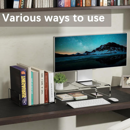 X-cosrack Monitorständer aus transparentem Acryl, 3-fach verstellbarer Doppelmonitorständer mit Antirutschmatte, Premium-Schreibtischorganizer für Homeoffice, Laptops, PCs, Drucker, Fernseher 