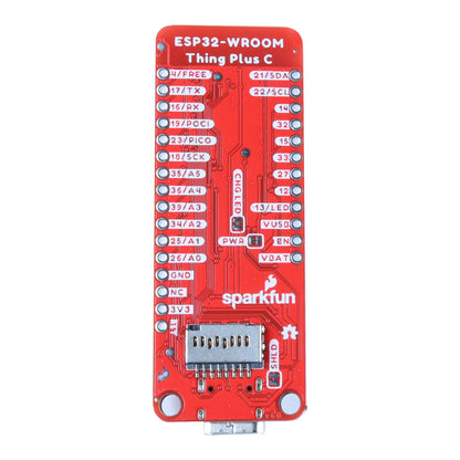 SparkFun Thing Plus - ESP32 WROOM (USB-C) - ESP32-D0WDQ6 Chip Integrated RGB Status LED Operating Voltage: 3.3V Board Dimensions: 2.3in x 1.0in x 0.5in