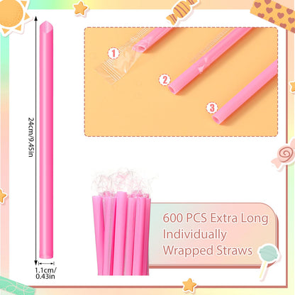 Potchen 600 Pcs Jumbo Smoothie Straw Bulk Pink Disposable Bubble Straws Individually Wrapped Plastic Wide Mouth 0.43 Wide x 9.45 Long for Bubble Tea Milkshake Drinking