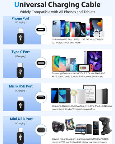 4-in-1-Multi-USB-Ladekabel, einziehbares universelles Mehrfach-USB-Ladekabel mit Mini-USB-/IP-/Micro-USB-/Typ-C-Anschluss für PS3/Samsung Galaxy/LG/HTC und mehr [2er-Pack/90 cm]