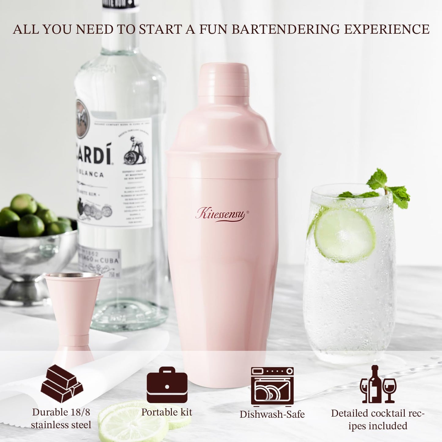 Cocktail Shaker, KITESSENSU 24oz Drink Shaker with Bartender Strainer, Measuring Jigger, Bar Mixing Spoon, Cocktail Recipe Guide, Professional Drink Mixer Set for Beginners, Silver