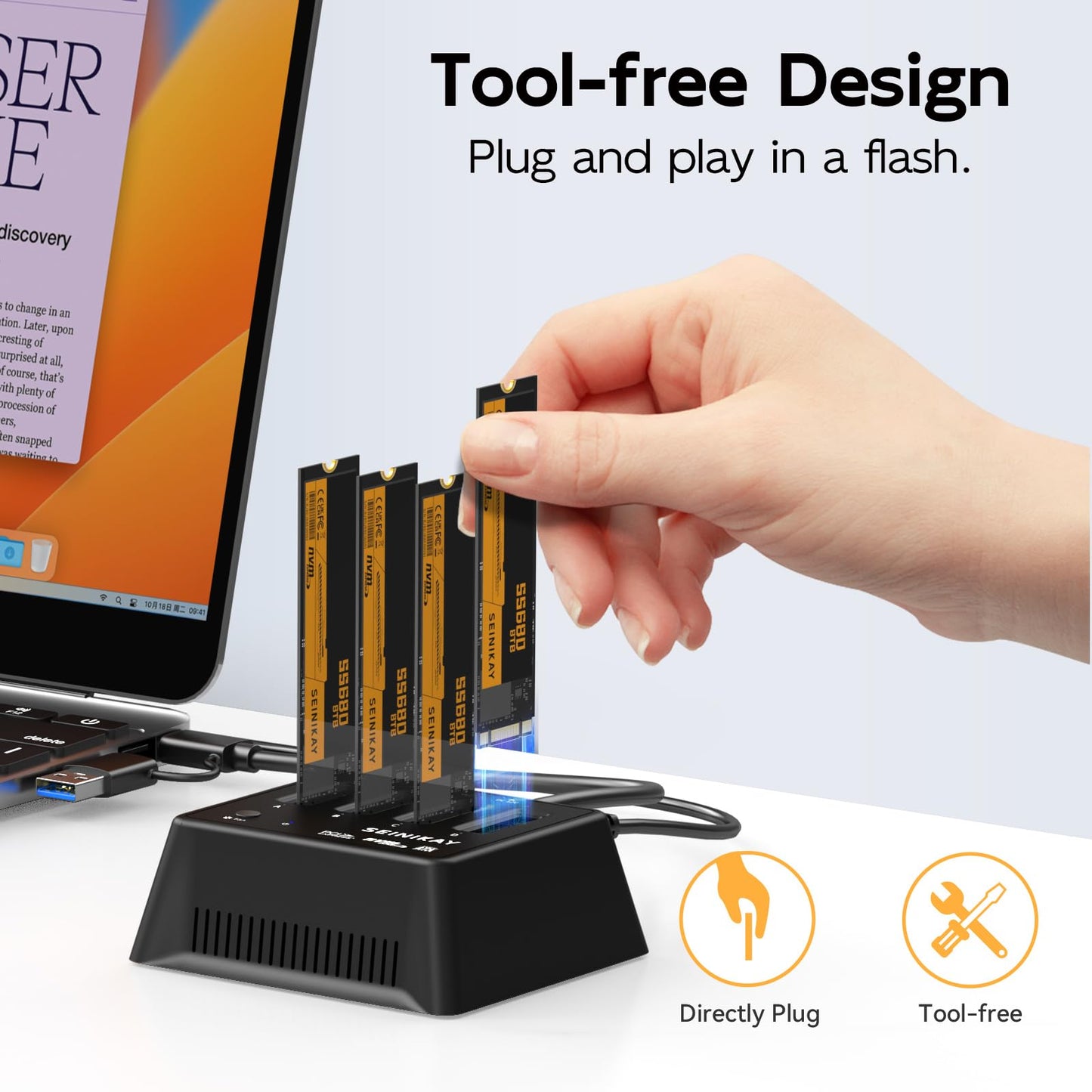 SEINIKAY M.2 Dock with Fan for NVME SATA SSD, Tool-Free 4 Bay NVMe Reader with Indicator Light, 10Gbps Speed（No Clone Function）