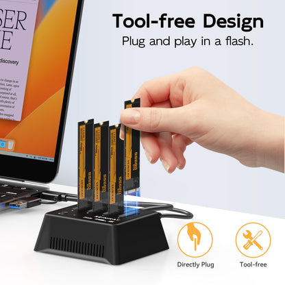 SEINIKAY M.2 Dock with Fan for NVME SATA SSD, Tool-Free 4 Bay NVMe Reader with Indicator Light, 10Gbps Speed（No Clone Function）
