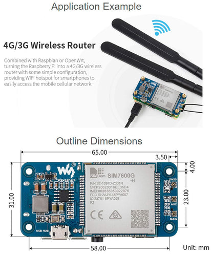 SIM7600G-H 4G HAT Module for Raspberry Pi and PC,Support LTE Cat-4 4G 3G 2G Communication and GNSS Positioning,Global Band,up to 50Mbps Uplink, 150Mbps Downlink
