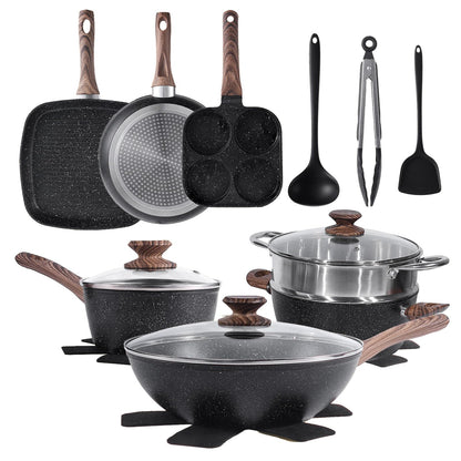 Sweetcrispy 17 Pcs Nonstick Pots and Pans, Non-toxic Kitchen Cooking Set with Stay-Cool Handles, Natural Black
