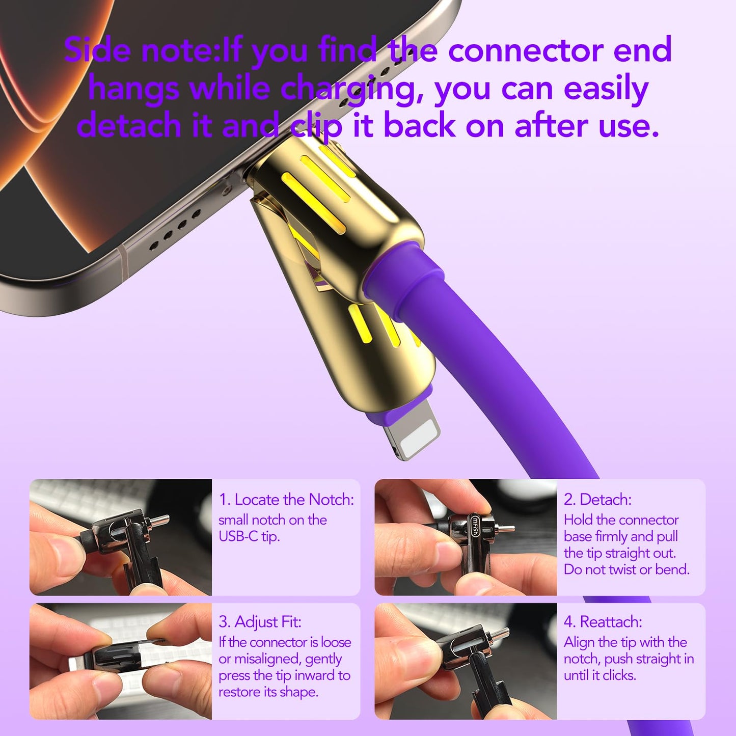 MFish 240W 4-in-1 Universal USB Charging Cable [2 Pack, 6.6ft] - Fast Charger Cord with USB-A, Dual USB-C & Lighting, for iPhone 14/15/16/17 Series, iPad & MacBook & More (2PACK, Purple+Green, 6.6Ft)