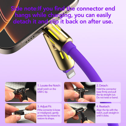 MFish 240W 4-in-1 Universal USB Charging Cable [2 Pack, 6.6ft] - Fast Charger Cord with USB-A, Dual USB-C & Lighting, for iPhone 14/15/16/17 Series, iPad & MacBook & More (2PACK, Purple+Green, 6.6Ft)