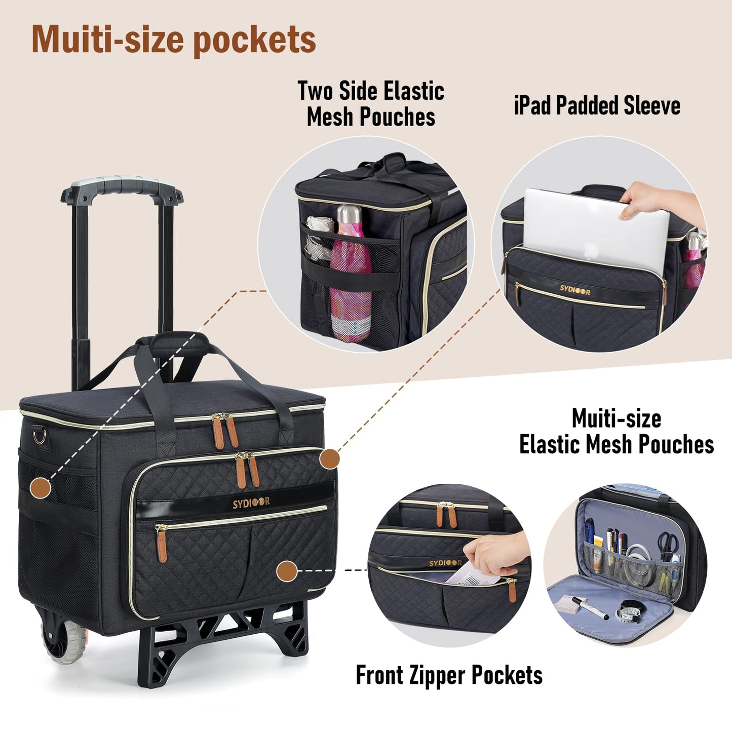 Sydioor Teacher’s Rolling Tote Cart, Tote Bag with Wheels -Spacious Wheeled Storage for Teachers: Holds Sewing Supplies, Laptop & Books