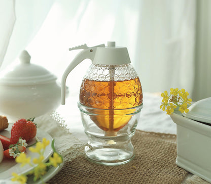 PAULSWAY SAFE, Not Chromed Glass Honey Dispenser, Food-Grade ABS White Lid - No Drip Glass with Stand - 8 oz Honey Jar - Honeycomb Design Container - Honey Pot for Honey, Maple Syrup