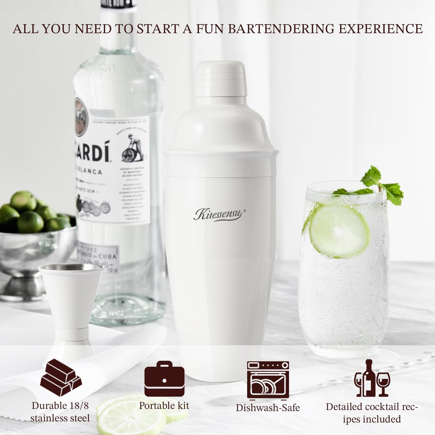 Cocktail Shaker, KITESSENSU 24oz Drink Shaker with Bartender Strainer, Measuring Jigger, Bar Mixing Spoon, Cocktail Recipe Guide, Professional Drink Mixer Set for Beginners, Silver