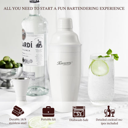 Cocktail Shaker, KITESSENSU 24oz Drink Shaker with Bartender Strainer, Measuring Jigger, Bar Mixing Spoon, Cocktail Recipe Guide, Professional Drink Mixer Set for Beginners, Silver