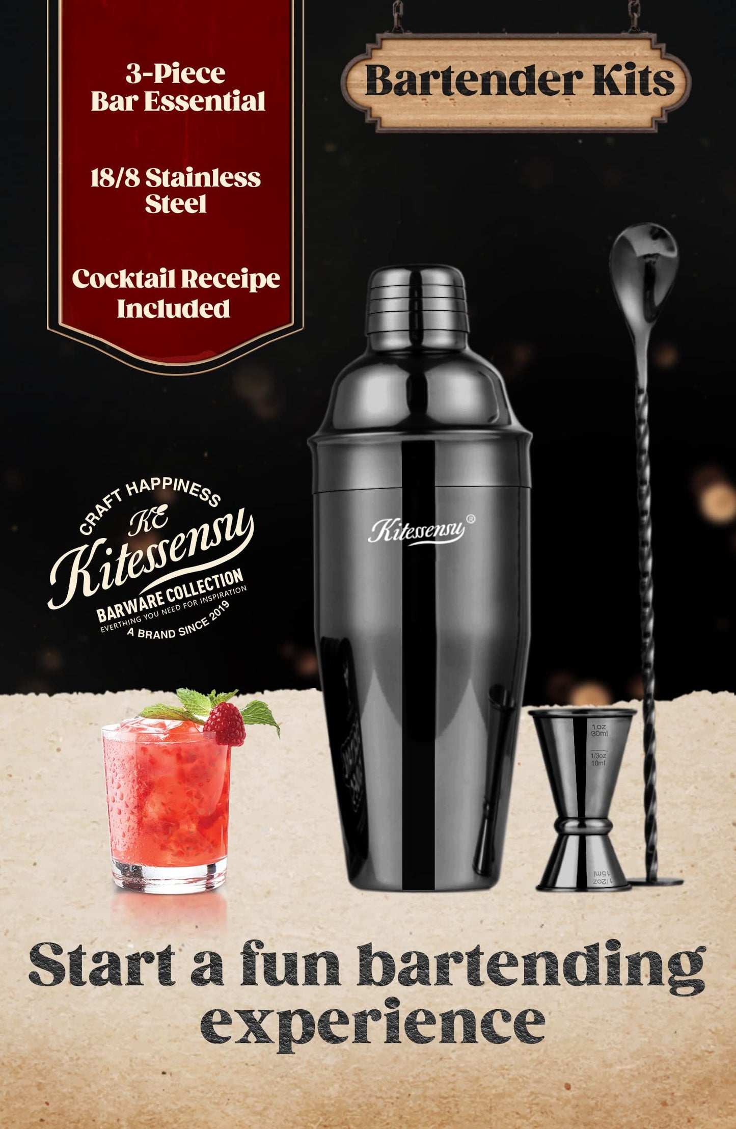 Cocktail Shaker, KITESSENSU 24oz Drink Shaker with Bartender Strainer, Measuring Jigger, Bar Mixing Spoon, Cocktail Recipe Guide, Professional Drink Mixer Set for Beginners, Silver