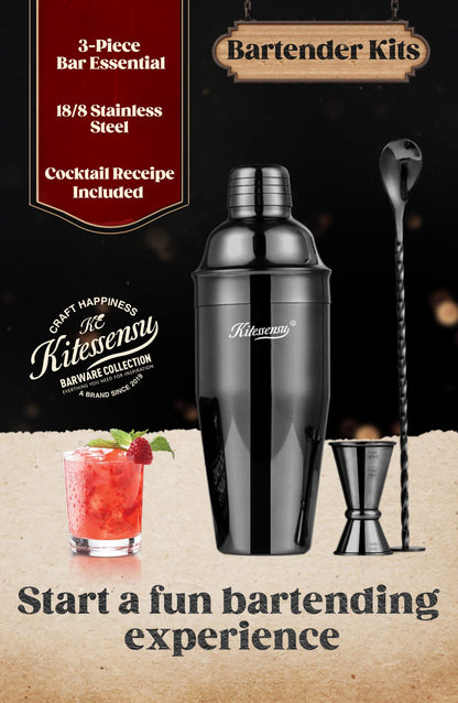 Cocktail Shaker, KITESSENSU 24oz Drink Shaker with Bartender Strainer, Measuring Jigger, Bar Mixing Spoon, Cocktail Recipe Guide, Professional Drink Mixer Set for Beginners, Silver