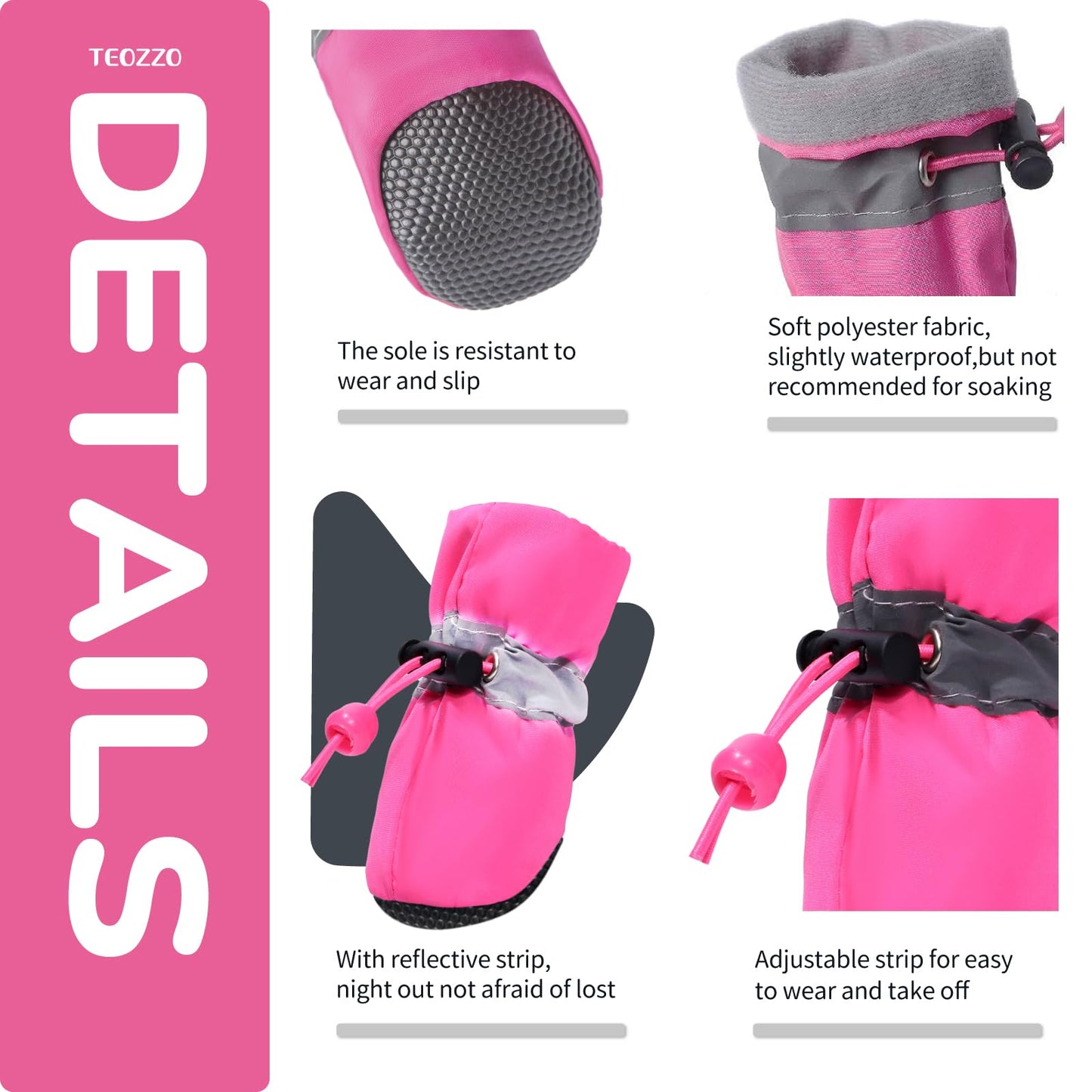 TEOZZO Dog Shoes for Hot Pavement, Anti-Slip Sole Dog Boots & Paw Protector Dog Booties with Reflective Straps Dog Shoes for Small Medium Dogs 4PCS Pink 3