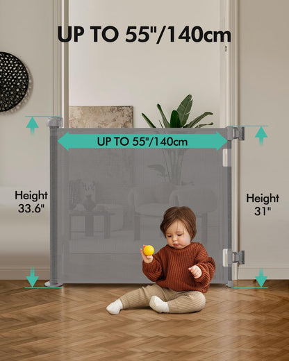 Einziehbares Babygitter, Hundegitter aus Netzgewebe für Türrahmen, 85 cm hoch, ausziehbar auf 140 cm breit, unverzichtbar für die Sicherheit von Haustieren, passend für Fußleisten, breite Kleinkindgitter für Flure, für drinnen und draußen, Grau