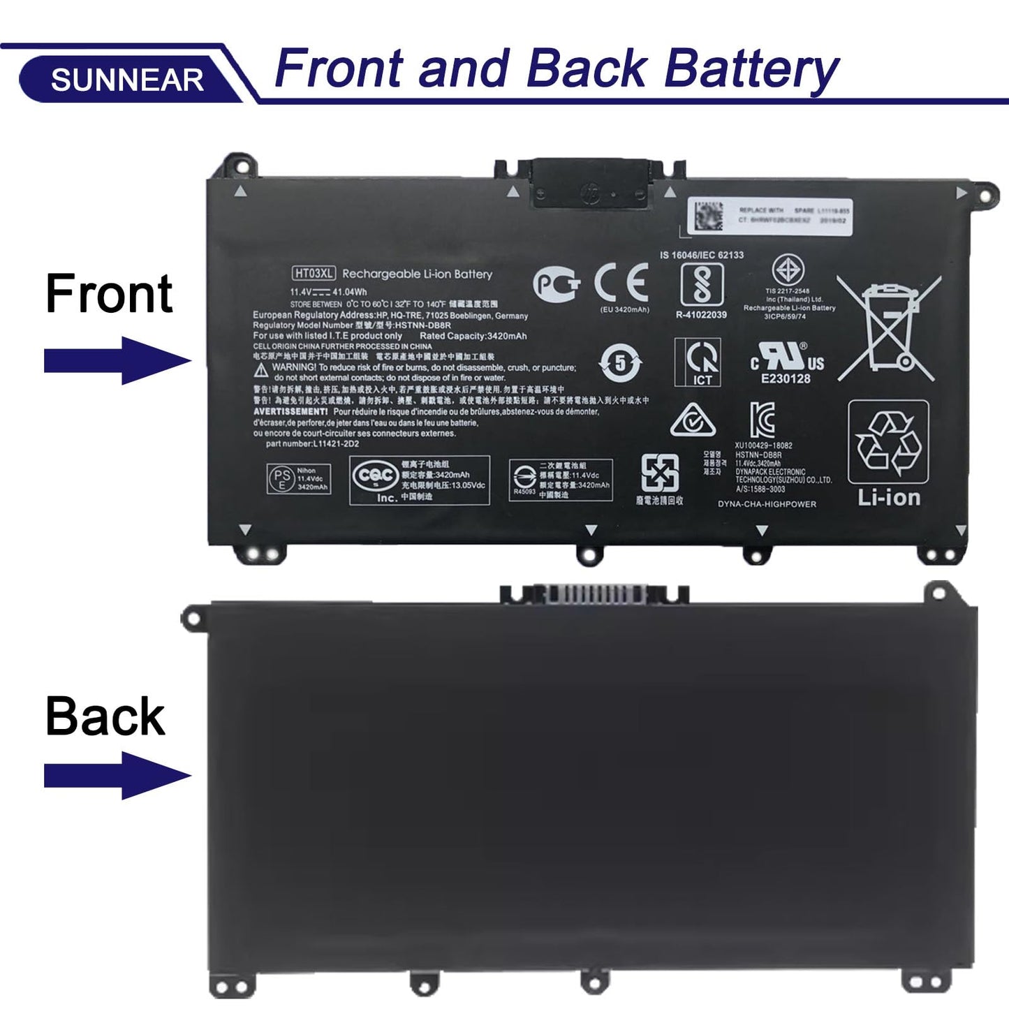 SUNNEAR HT03XL L11119-855 Battery for HP Pavilion 14Q-CS 14-CE 14-CF 14-CK 14-DF 14-DQ 15-DA 15-DB 15-DW 15-DY LPD1071 17-by 17-CA 15Q X360 14-DH 14M-DH0003DX 15T-CS200 15-CW1XXX 15-CS0053CL HTO3XL