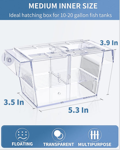 Pawfly Aquarium Fish Breeding Box Acrylic Hatchery Incubator Tank with Suction Cups Medium Isolation Box for Baby Fish Shrimp Betta and Guppy