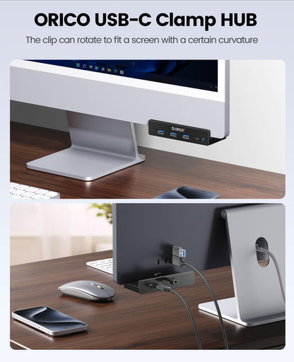 ORICO USB Hub 3.0, Clamp USB Hub with Extra Power Supply Port, Aluminum 4-Port USB Adapter with 3 USB-A Data Ports, USB-C Port for Monitors, Desks (Black)