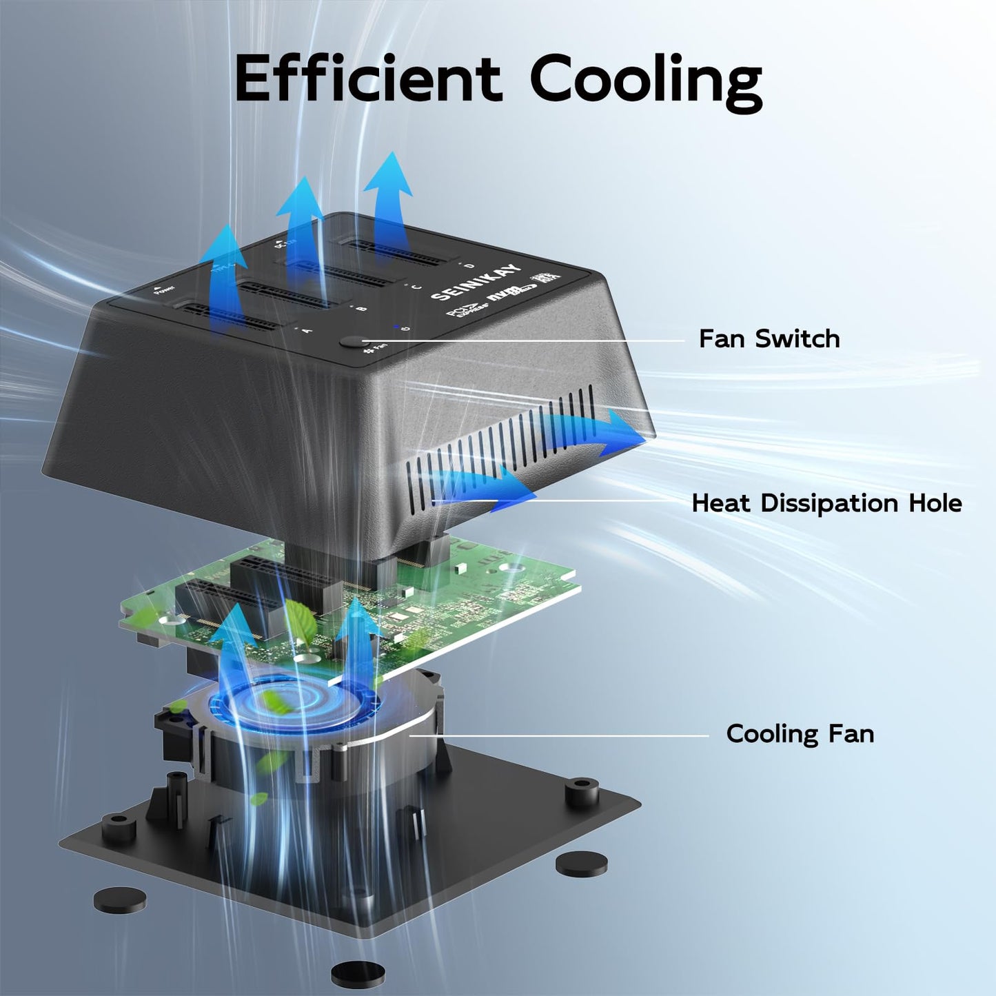 SEINIKAY M.2 Dock with Fan for NVME SATA SSD, Tool-Free 4 Bay NVMe Reader with Indicator Light, 10Gbps Speed（No Clone Function）
