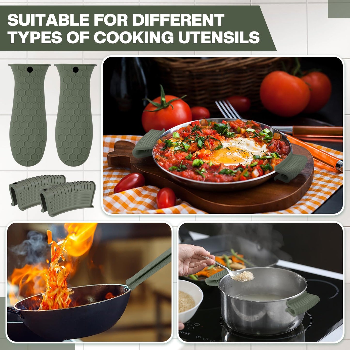 Patelai 8 Pcs Silicone Pot Holders Set Cast Iron Handle Cover Heat Resistant Pot Handle Covers Potholder Non Slip Reusable Pan Sleeve for Frying Pan Kitchen Supplies(Black)