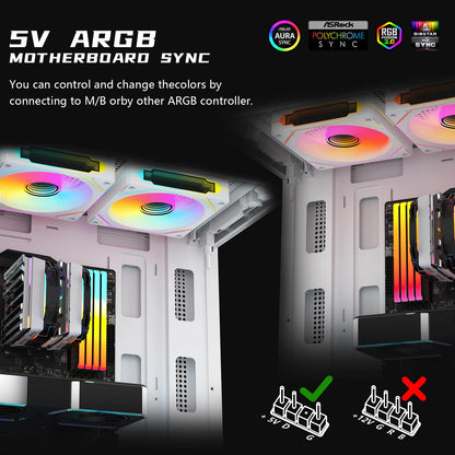 RGB Fans:5pack 120mm PWM ARGB Case Fan with Fan Hub and Remote,Speed Control,PWM Control Fan for Computer Case and Liquid Cooling System,White