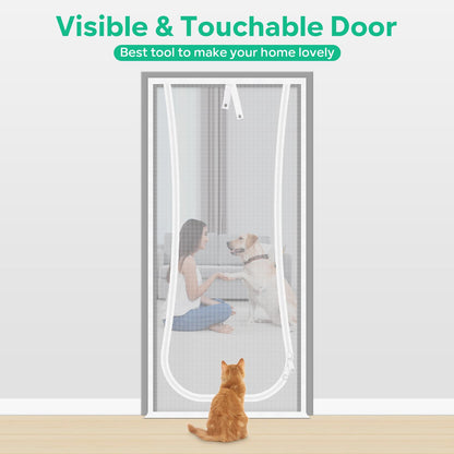 Reinforced Cat Screen Door, 35.5X82” Heavy Duty Pets Proof Screen Door with Bilateral Zipper, Prevent Dogs Cats Running Out from Home, Bedroom, Living Room, Kitchen Patio Doo