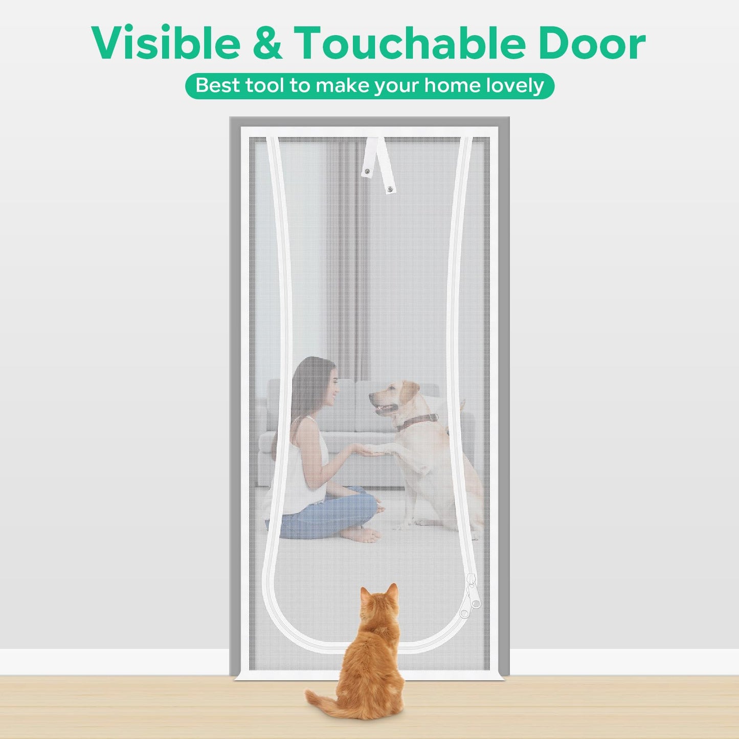 Reinforced Cat Screen Door, 35.5X82” Heavy Duty Pets Proof Screen Door with Bilateral Zipper, Prevent Dogs Cats Running Out from Home, Bedroom, Living Room, Kitchen Patio Doo