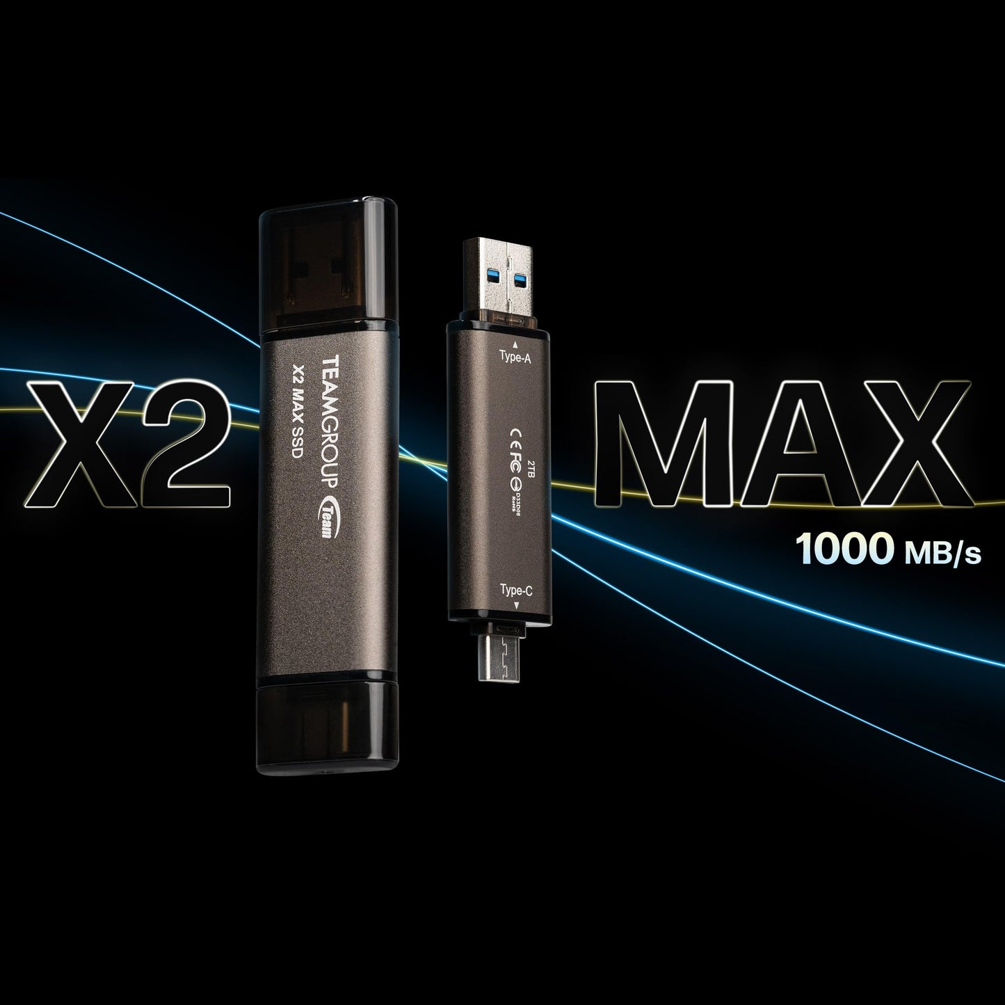 TEAMGROUP 2TB X2 MAX External/Portable SSD 1000MB/s, Dual USB Hard Drive Compatible with iPhone17&iPad&Mac, Steam Deck/PC/Windows/Android/PS5/Laptop/Tesla, Type C &A, USB 3.2 Gen2 TX2MAX32TBT01