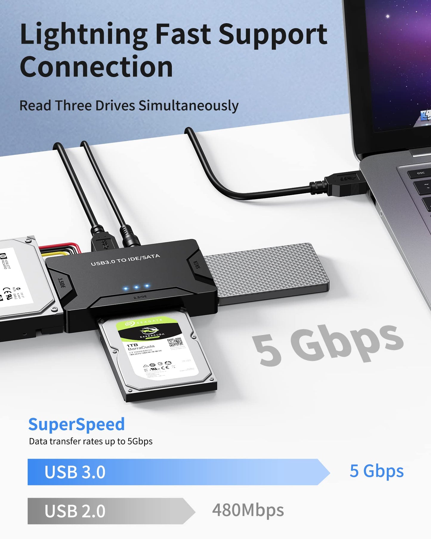 POSUGEAR USB 3.0 to IDE/SATA Adapter, External Hard Drive Reader, Universal 2.5"/3.5" HDD/SSD Converter, 12V/2A Power Adapter