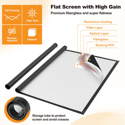 Outdoor Projector Screen 100 Inch, 16:9, High Gain, Projector Screen with Stand, Wind-resistant Design for Portable Projection Screen Outdoor, With Ropes and Spikes, 4K Image for Home Theater, Camping