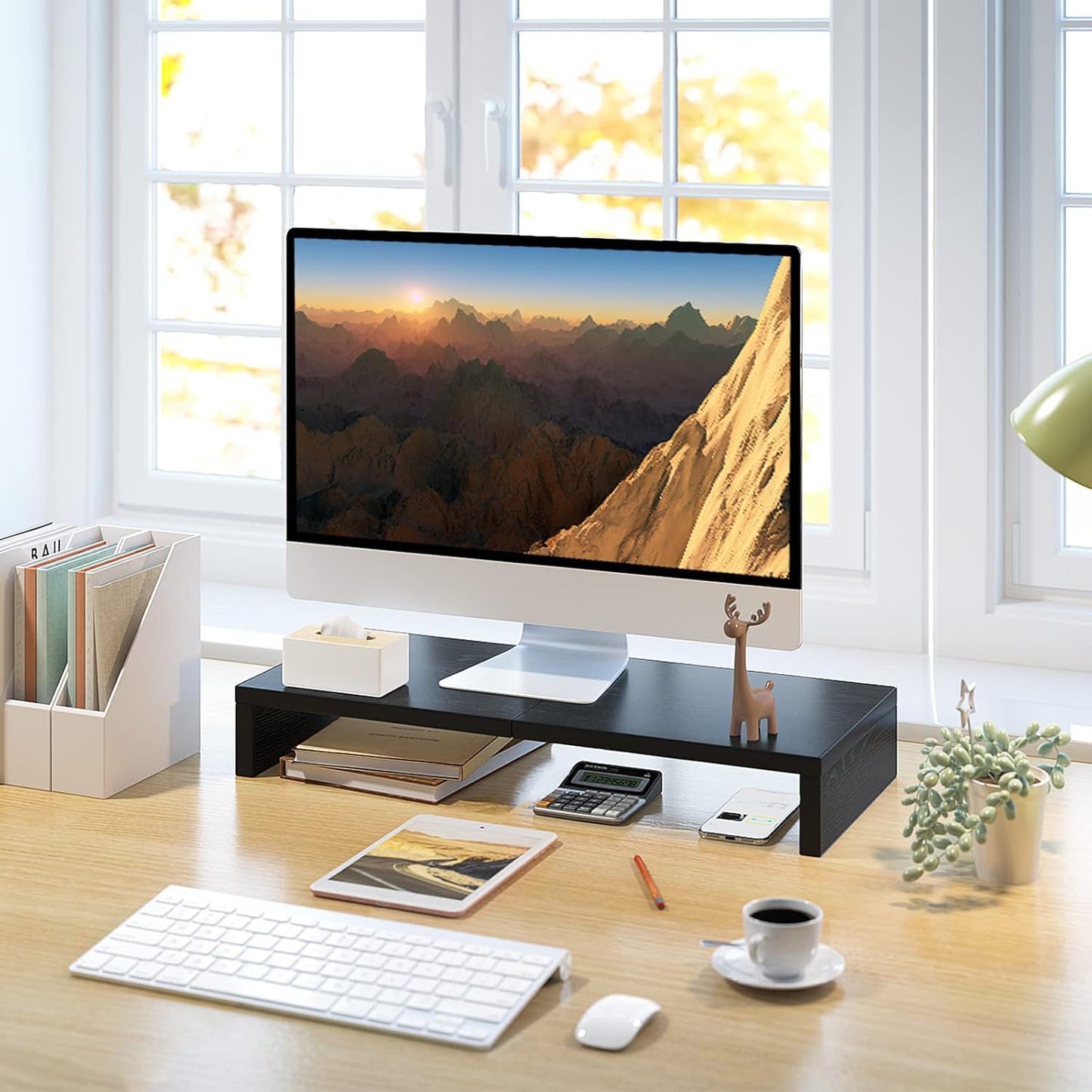 TEAMIX 20-Zoll-Monitorständer, schwarzer Desktop-Ständer für PC/TV/Laptop/Drucker, Monitorständer aus Holz mit Ablagefach, Computerständer mit Tastaturablage 