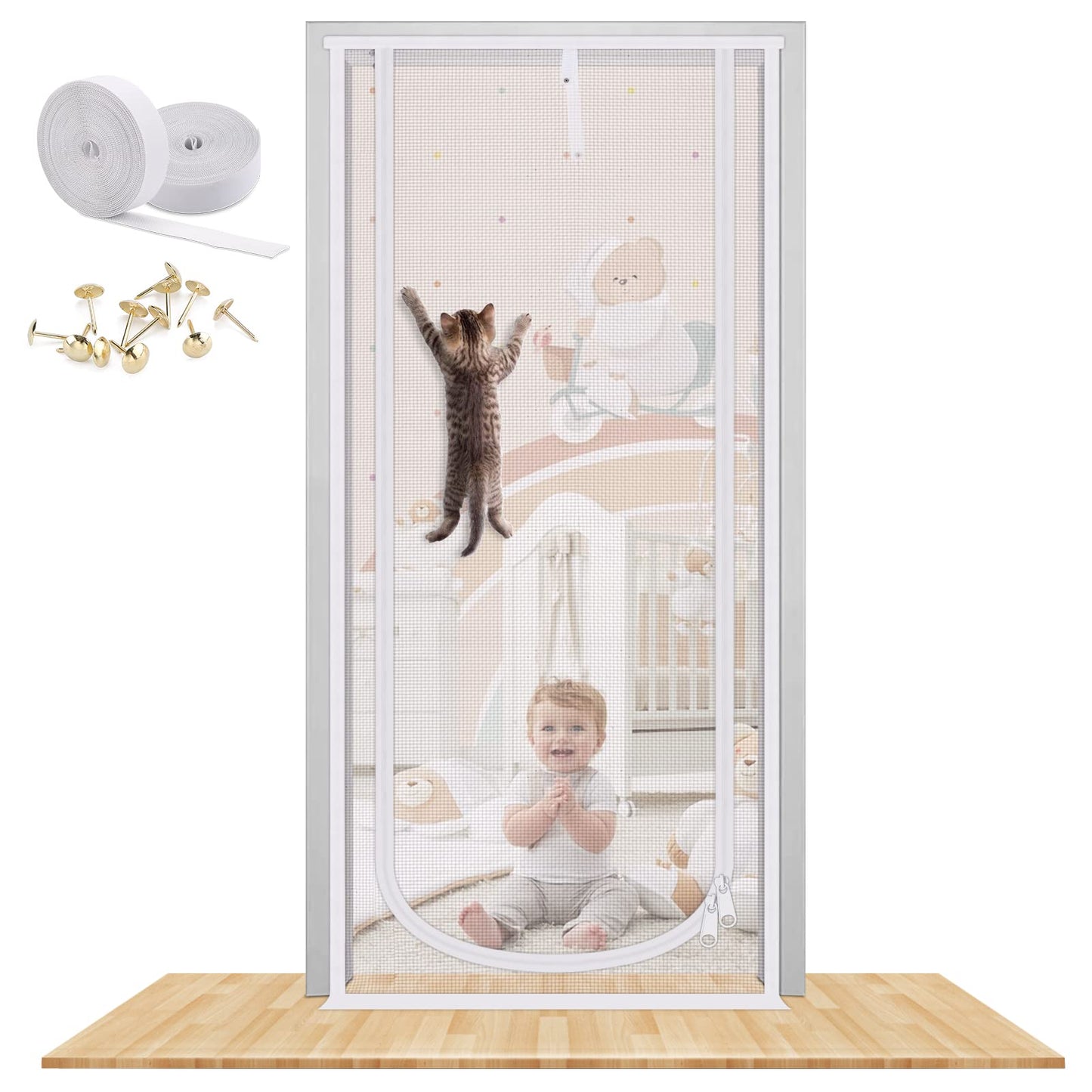 Reinforced Cat Screen Door, 35.5X82” Heavy Duty Pets Proof Screen Door with Bilateral Zipper, Prevent Dogs Cats Running Out from Home, Bedroom, Living Room, Kitchen Patio Doo