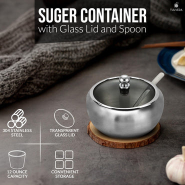 Sugar Bowl with Lid and Spoon | 12oz Sugar Container for Coffee Bar | Stainless Steel Holder Jar for Salt, Tea, Candy, Sugar Cube, Brown Sugar, Ghee | Kitchen Countertop Storage Accessories | 350ml