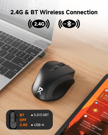 Redragon Wireless Mouse BT5.0/3.0 & 2.4G, 6 Buttons, 5 Level 4000DPI Bluetooth Mouse, 18 Months Battery, Portable Optical Computer Mice for Laptop, PC, Chromebook, Windows, Mac-Black