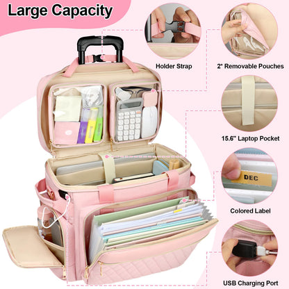SIYNPAV Rolling Teacher Bag with Accordion File Organizer, USB Port& 15.6 Inch Laptop Compartment, Wheeled Teacher Tote Bag with Detachable Trolley for Teaching& Office Supplies Storage (Pink)