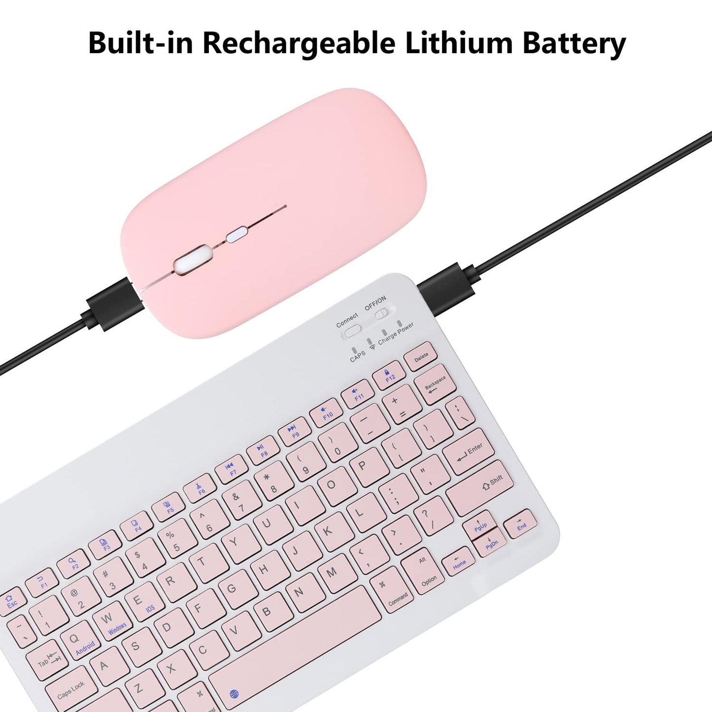 Rechargeable Bluetooth Keyboard and Mouse Combo for iPad, Ultra-Slim Portable Wireless Mouse Keyboard for iPad Pro Air Mini iPhone Samsung Tablet Cell Phone Android, iPadOS/iOS 13 and Above (Pink)