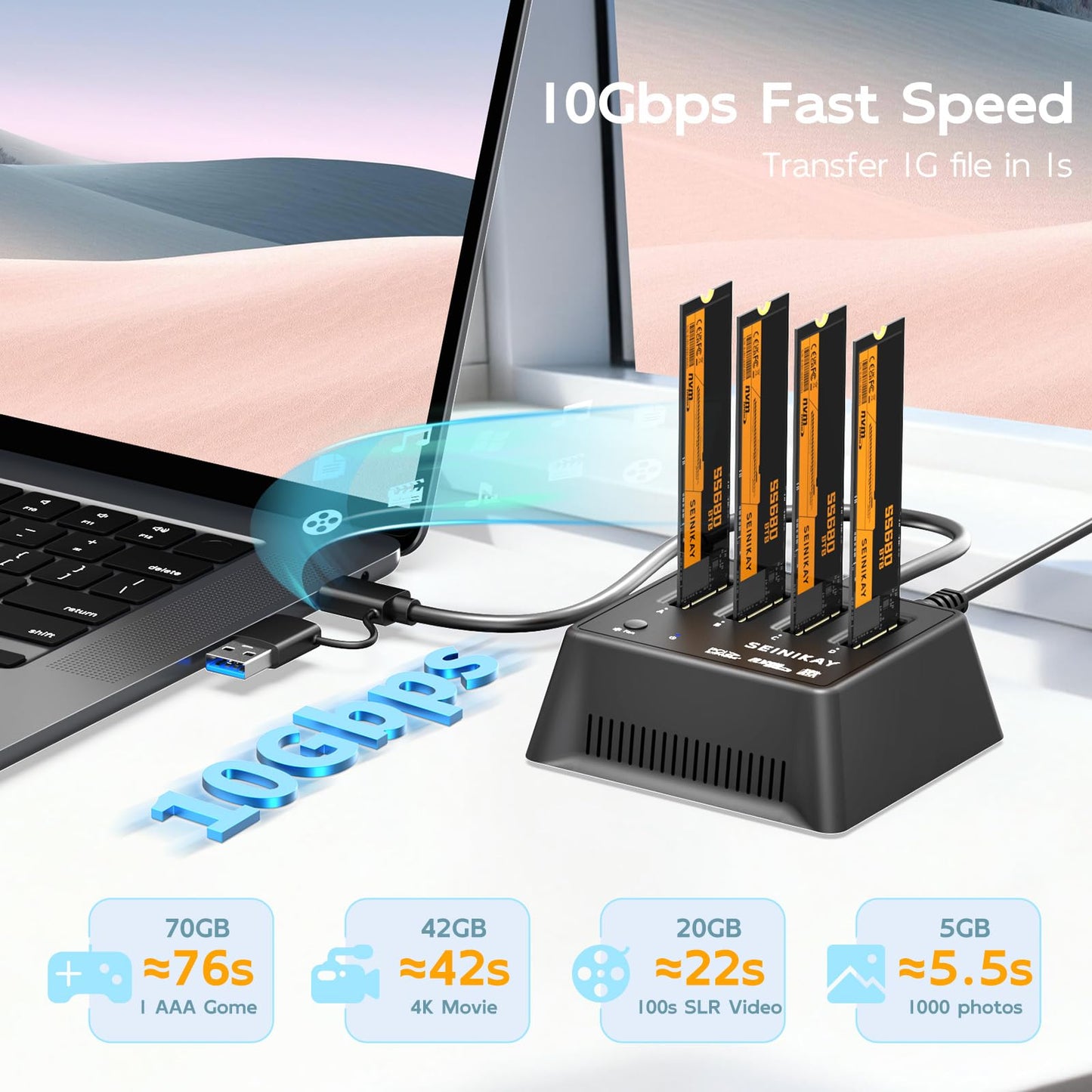 SEINIKAY M.2 Dock with Fan for NVME SATA SSD, Tool-Free 4 Bay NVMe Reader with Indicator Light, 10Gbps Speed（No Clone Function）