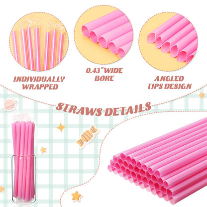 Potchen 600 Pcs Jumbo Smoothie Straw Bulk Pink Disposable Bubble Straws Individually Wrapped Plastic Wide Mouth 0.43 Wide x 9.45 Long for Bubble Tea Milkshake Drinking