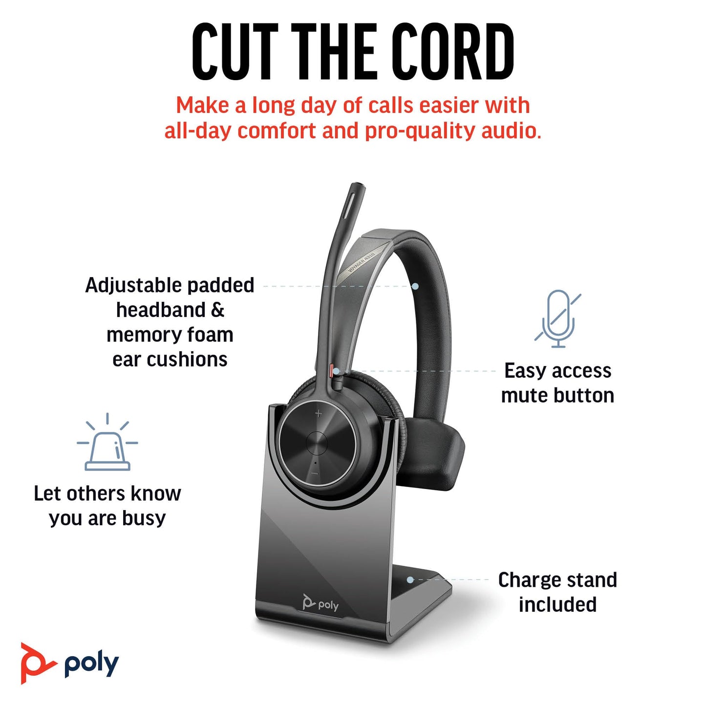 Poly Voyager 4310 UC Wireless Headset & Charge Stand (Plantronics) - Single-Ear Bluetooth Headset w/Noise-Canceling Boom Mic - Connect to PC/Mac/Mobile - Works w/Teams, Zoom, & More - Amazon Exclusive