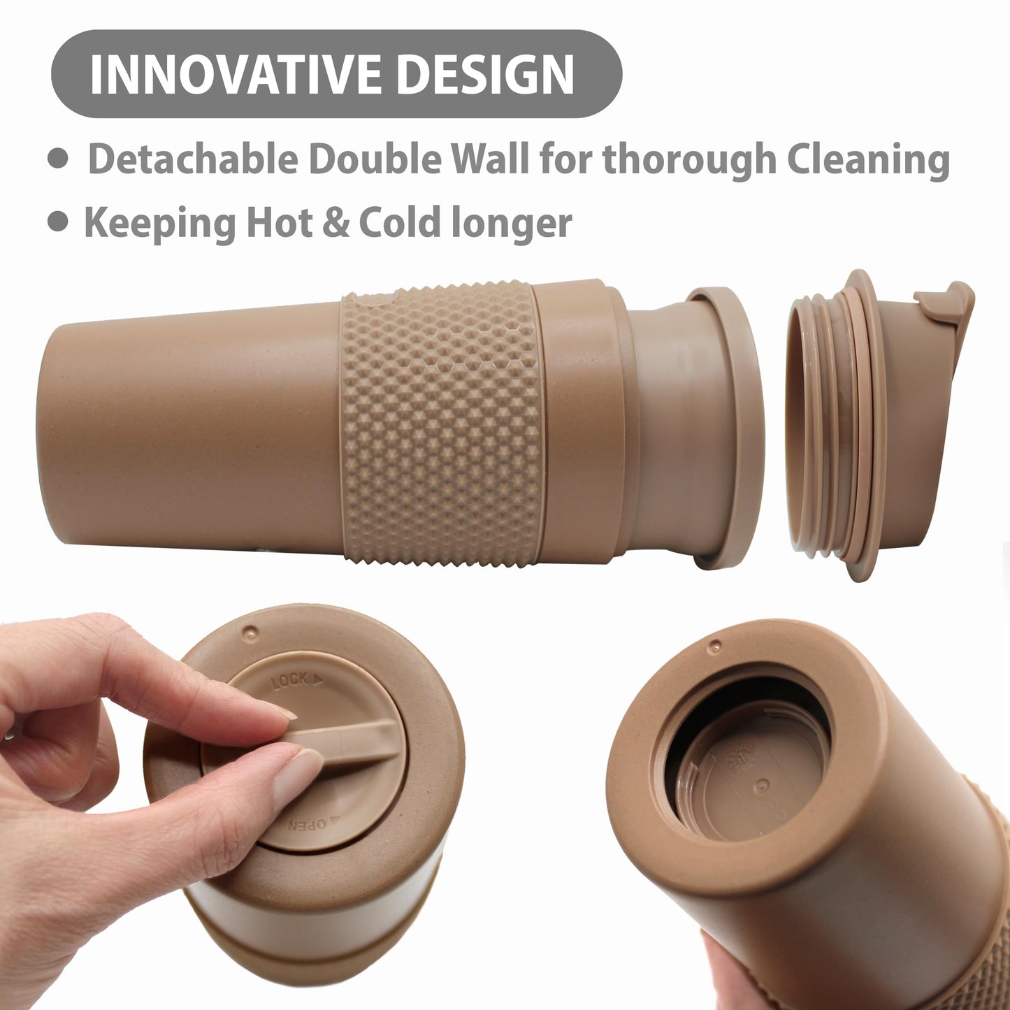 Stephan Roberts 2er-Pack Kaffeebecher-Set (je 473 ml), hergestellt mit echtem Kaffeepulver, abnehmbarer und doppelwandiger Isolierdeckel, geeignet für Getränkehalter, spülmaschinen- und mikrowellengeeignet, auslaufsicherer Deckel, BPA-frei, braun