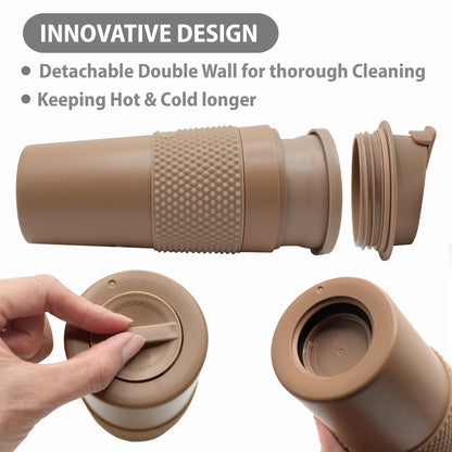 Stephan Roberts 2er-Pack Kaffeebecher-Set (je 473 ml), hergestellt mit echtem Kaffeepulver, abnehmbarer und doppelwandiger Isolierdeckel, geeignet für Getränkehalter, spülmaschinen- und mikrowellengeeignet, auslaufsicherer Deckel, BPA-frei, braun