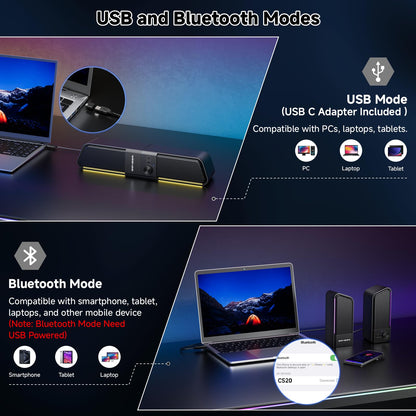 SENZER CS20 2 in 1 Bluetooth Computer Speakers for Desktop, USB Plug & Play Clear Sound PC Speakers with RGB Light, Monitor Sound Bar with Volume Knob, Gaming Speaker for PC Laptop Phone Tablet