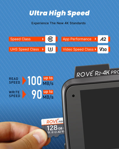 ROVE PRO Micro SD Card microSDXC 128GB Memory Card with Full-Size SD Adapter 100MB/s Read Speed, C10, U3, V30, 4K, A2 for Dash Cam, Android Smart Phones, Tablets, Games