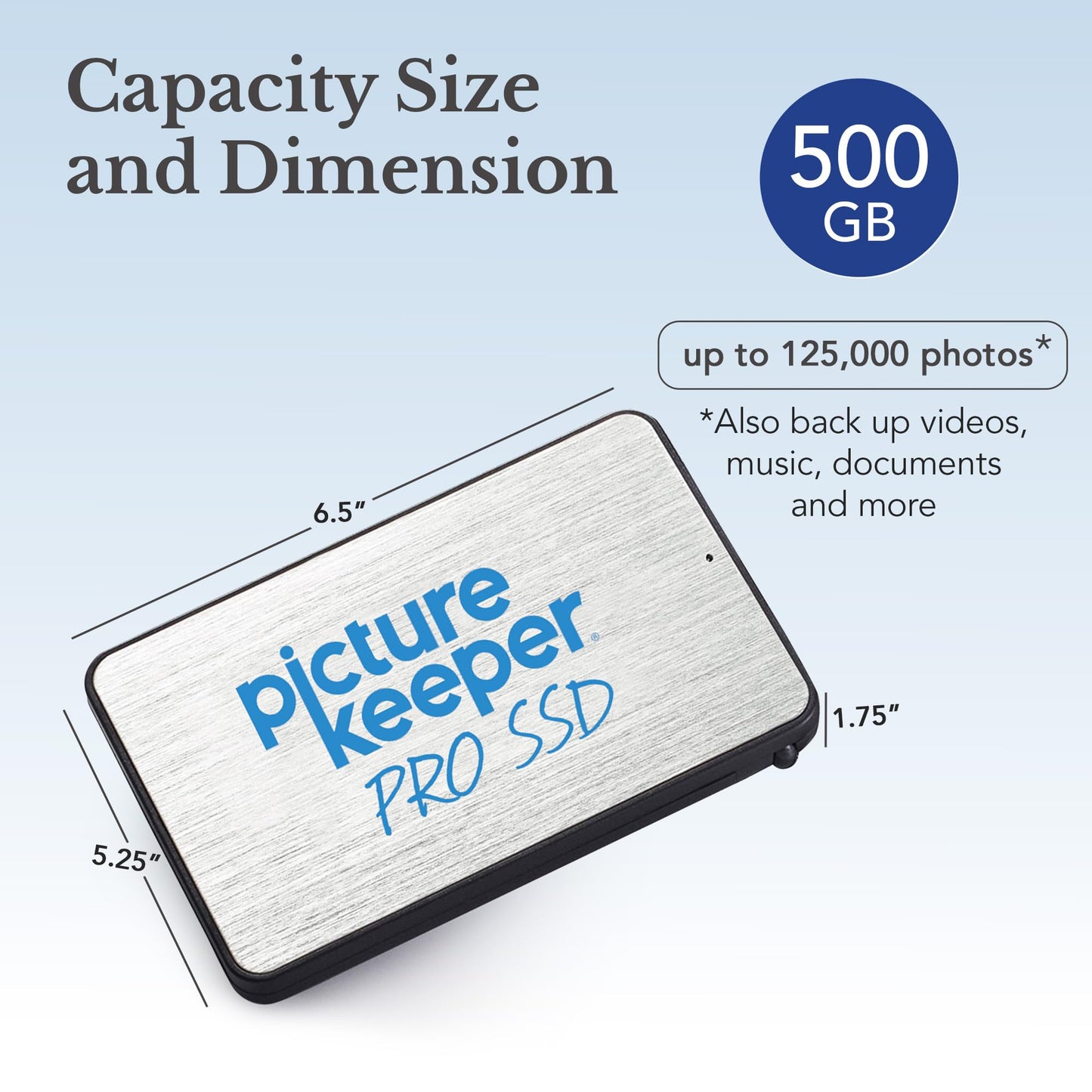 Picture Keeper PRO Tragbare Festplatte 500 GB – USB-Festplatte für PCs, Macs, Laptops und Computer, 1/2 Terabyte tragbarer externer SSD-Speicher für Fotos, Videos und mehr – 500 GB, Silber