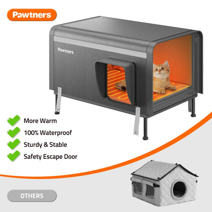 Pawtners Heated Outdoor Cat House for Outside Cats, 26'' XL Insulated Weatherproof Cat Shelter with Heated Pad, Elevated Feet & Escape Door, Warm Kitty House for Feral or Stray Cats in Winter